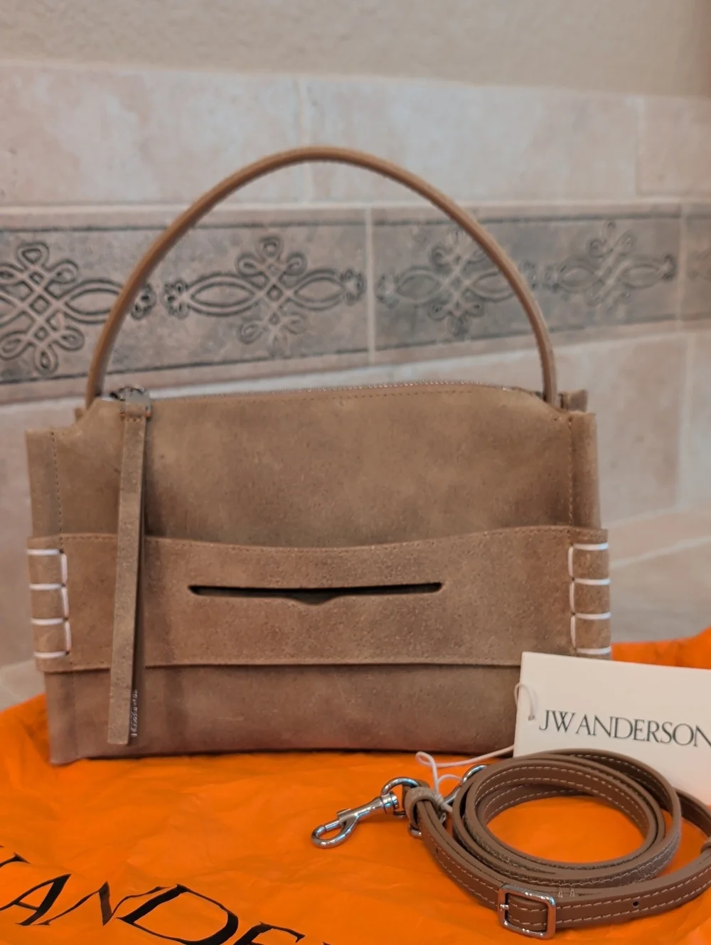 JW Anderson Small Loafer Bag Waxed Tan Gold Suede
